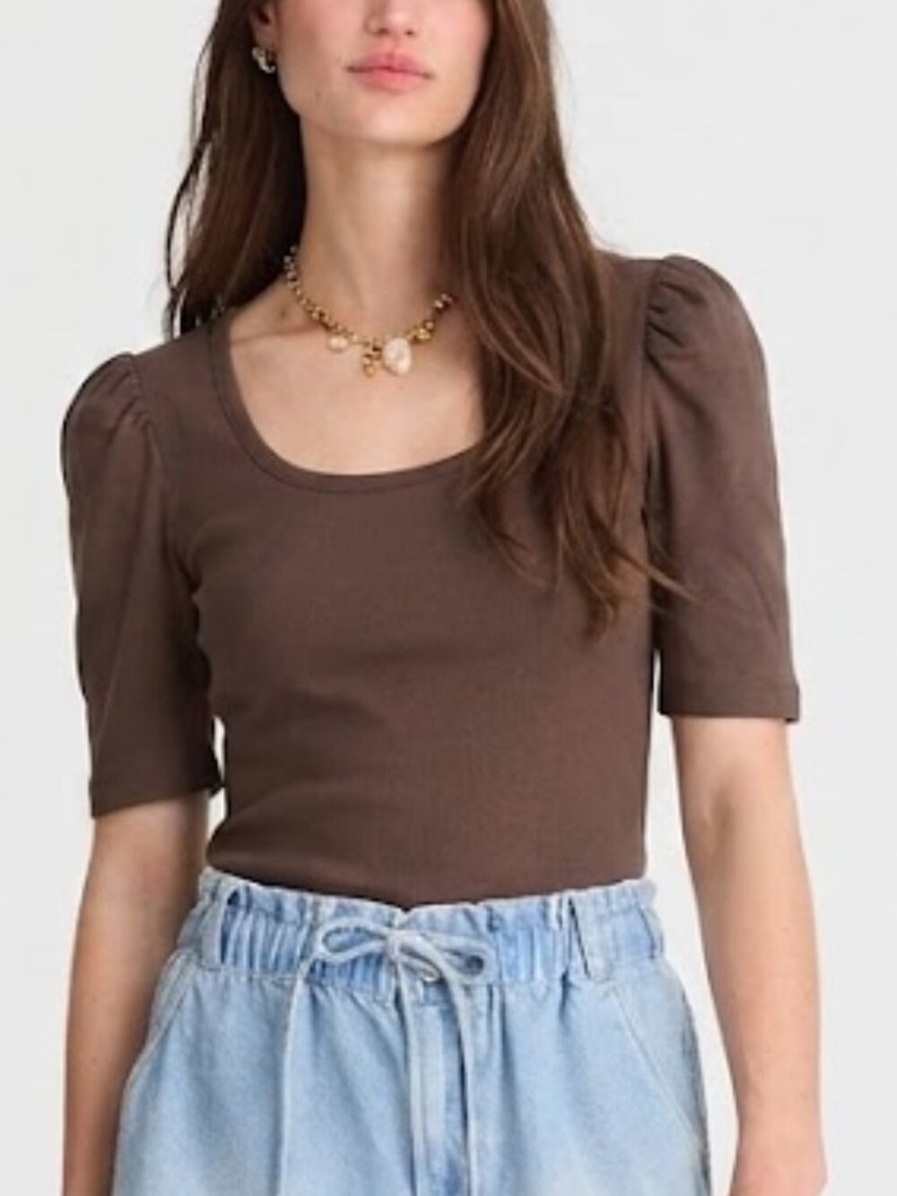 Madewell Puff Sleeve Slim Fit Cotton Scoopneck Tee Brown Size S NWT